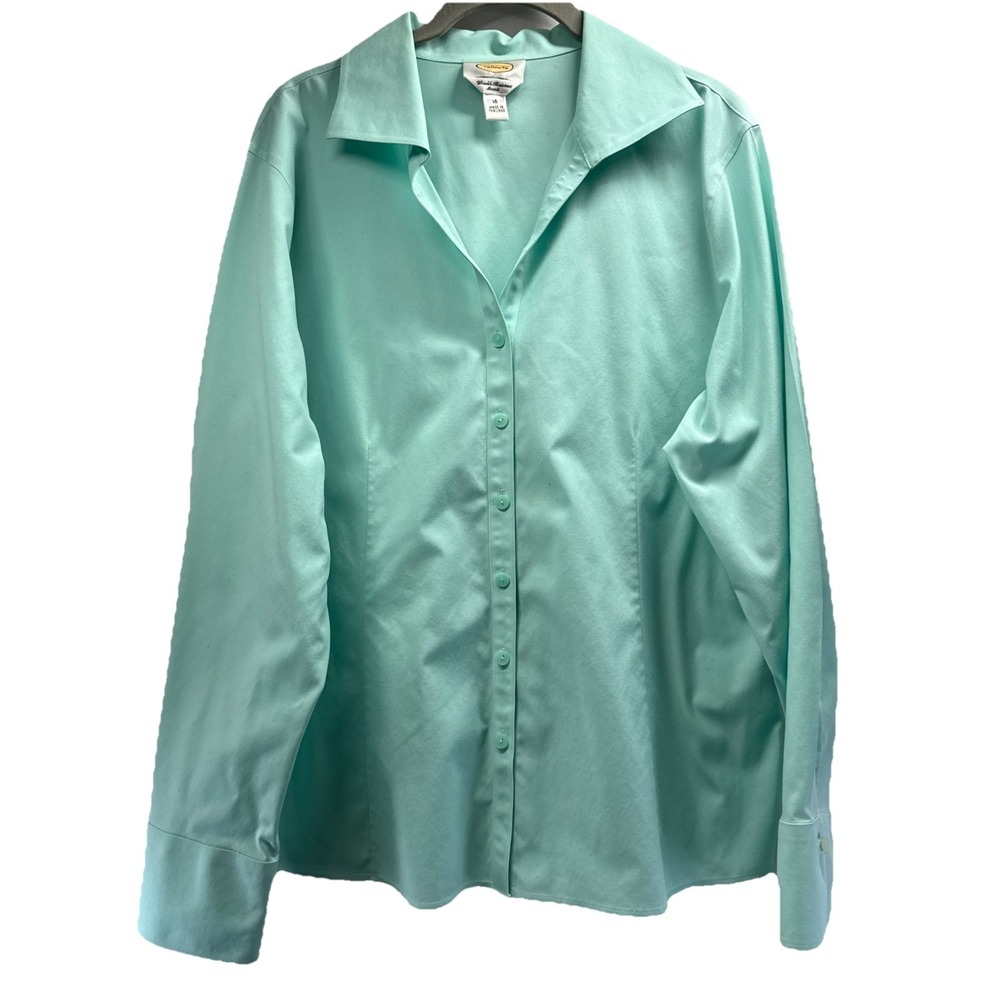 Talbots Womens Top Blouse Size 14 Solid Mint Green Button Up Long Sleeve Stretch